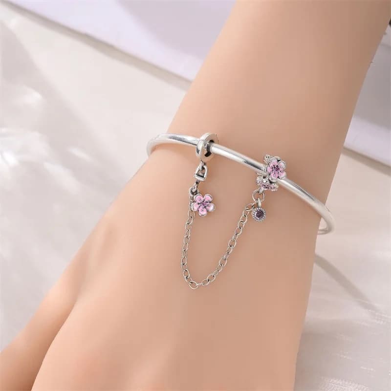 Nuova Catena di Sicurezza in Argento Sterling 925 con Zirconi CZ Rosa Scintillanti a Forma di Fiore, Compatibile con Bracciale Originale da 3mm, Gioielli Fai-da-Te per Donne, Regalo per Appuntamenti