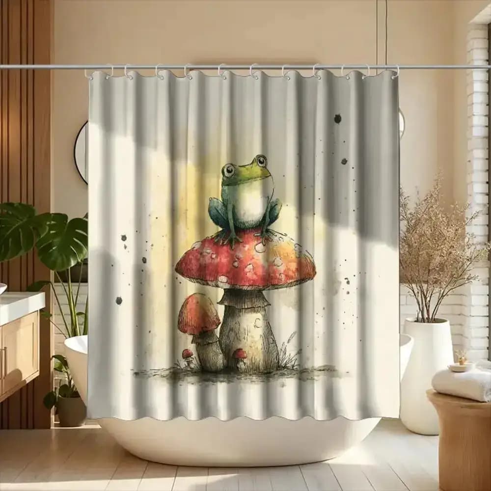 Cute Frog Mushroom Shower Curtain Waterproof Kids Bathroom Liner Nursery Decor Woodland Animal Home Decor Jungle Tropical Print
