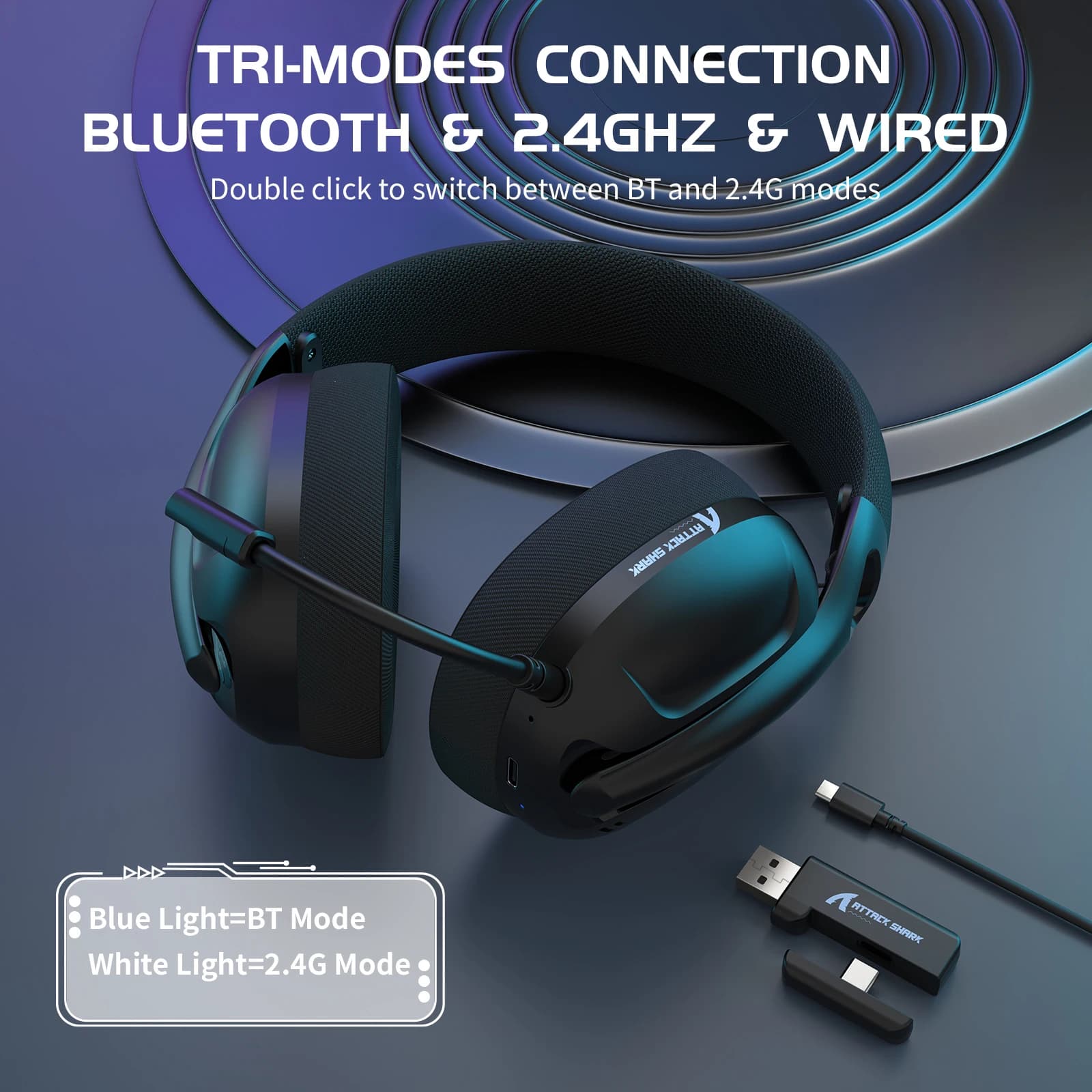 ATTACK SHARK L80 Wireless Gaming Headset, 2.4Ghz USB Gaming Headphones with Bluetooth 5.2, 50H Battery, Noise Canceling Mic