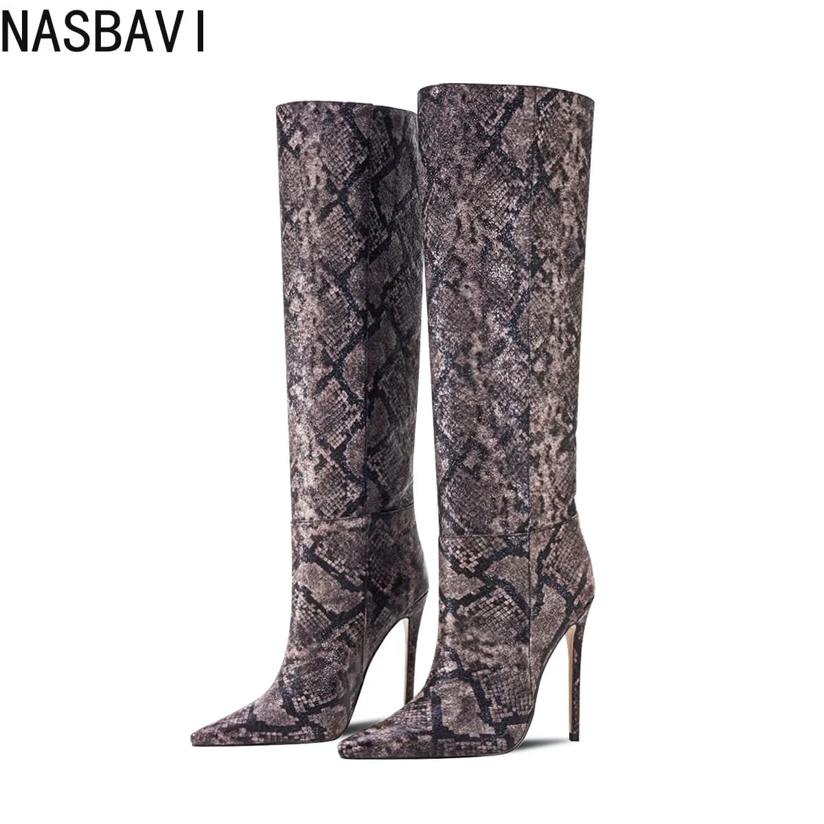 Winter Modern Knee High Boots Women Snake Print Stiletto Thin Heels Zip Pointed Toe Sexy Lady Party Work Shoe