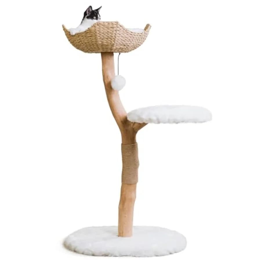 Albero per Gatti Bianco Uni Cat Tree 43 H 27 LBS, Tiragraffi Multilivello con Cuccia e Giocattoli Sospesi, Corda in Sisal Resistente e Felpa Morbida