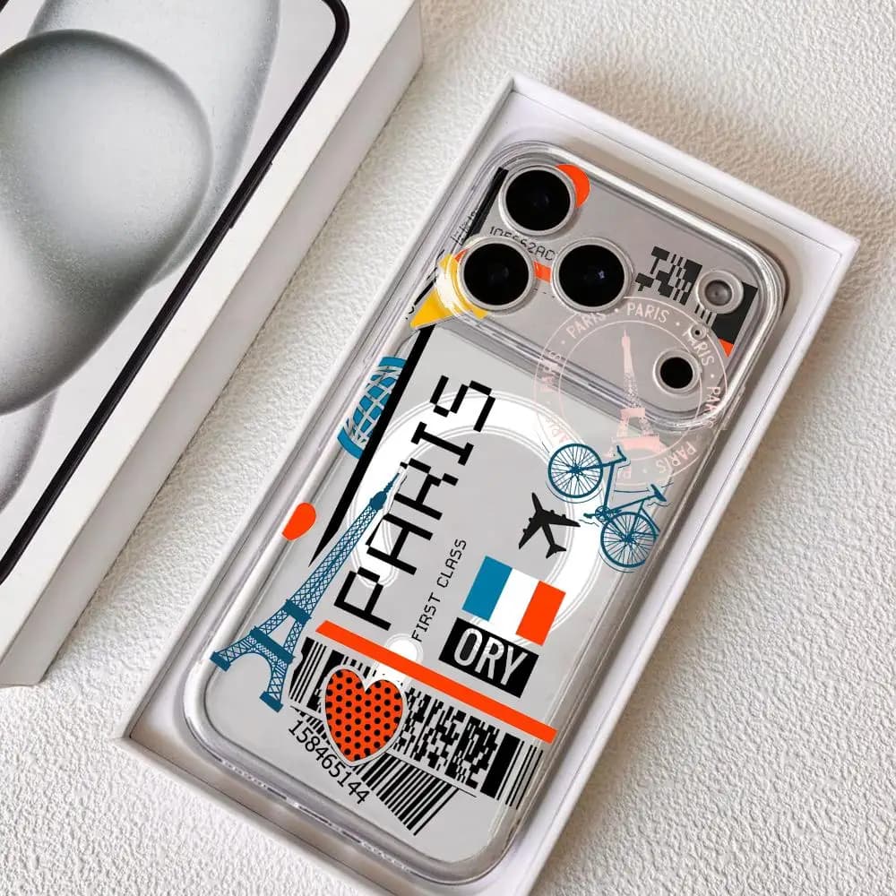 Custodia per iPhone 17 16 15 14 13 12 11 Pro Max Plus trasparente magnetica antiurto antigraffio con design Biglietto Aereo Francia