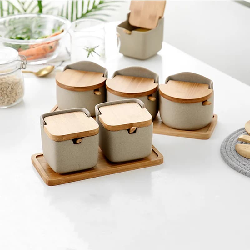 Barattolo di spezie in ceramica Vassoio in legno Set di scatole per condimenti a conchiglia Contenitore per utensili da ricino Organizzatore da cucina