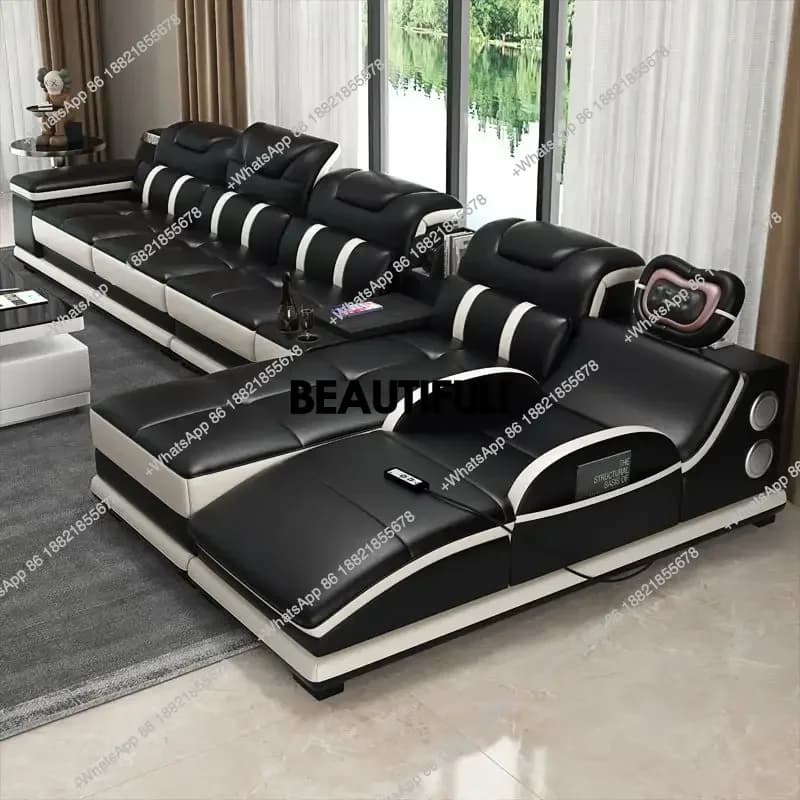 Divano componibile in vera pelle italiana con altoparlante Bluetooth, poggiatesta funzionale, chaise longue da massaggio | Divano angolare a forma di L