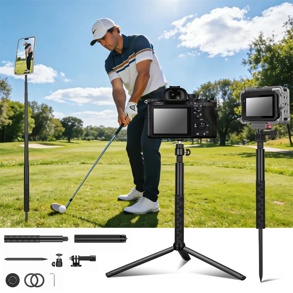 NUOVO Bastone Selfie Magnetico, Treppiede per Golf, Monopiede in Alluminio con Supporto Gopro e Attacco 1/4" per Telefono e Fotocamera, Ausilio per Allenamento Golf