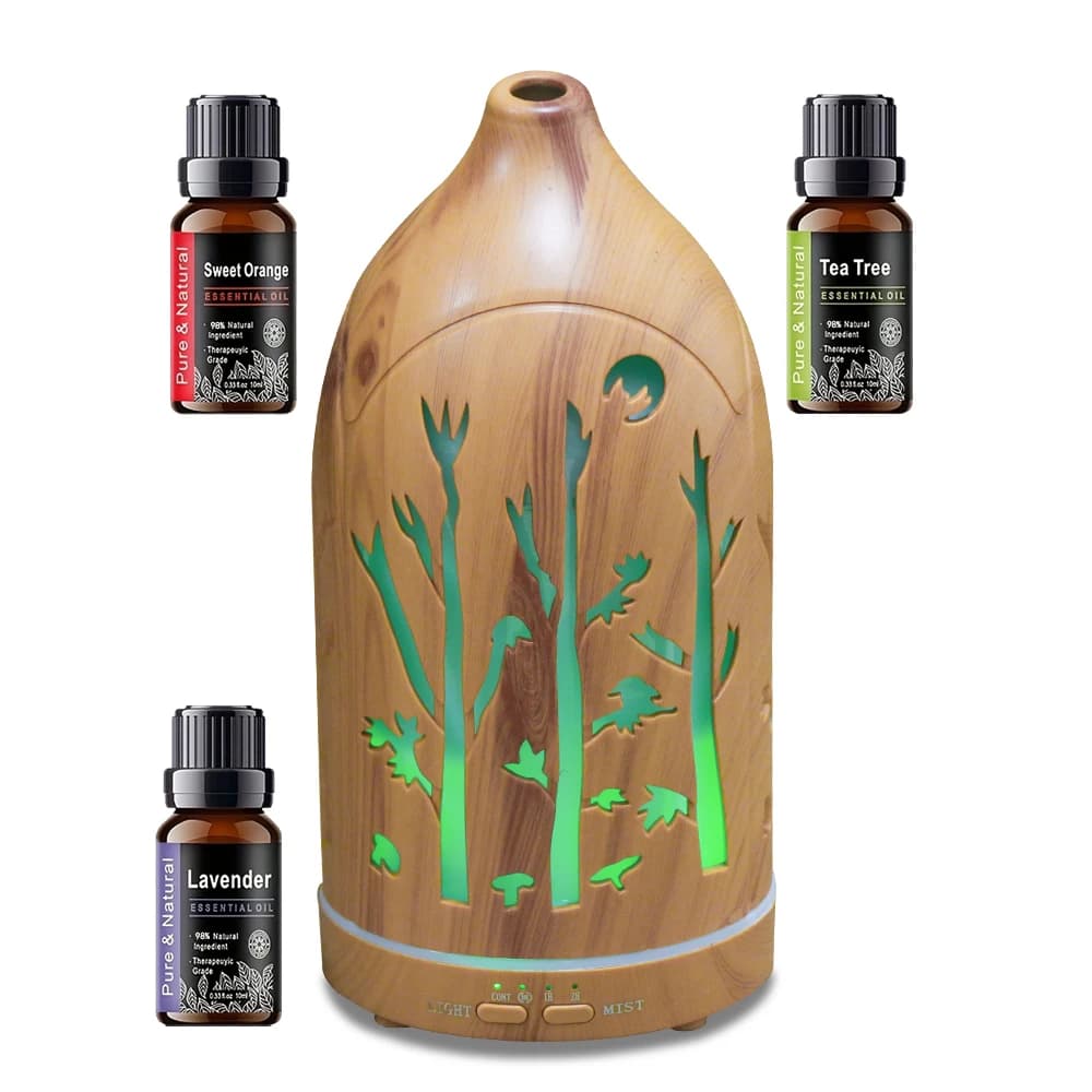 Umidificatore in legno chiaro da 200 ml Diffusore di oli essenziali scavato Illuminazione d'umore a 7 colori Funzionamento silenzioso Perfetto per la meditazione termale