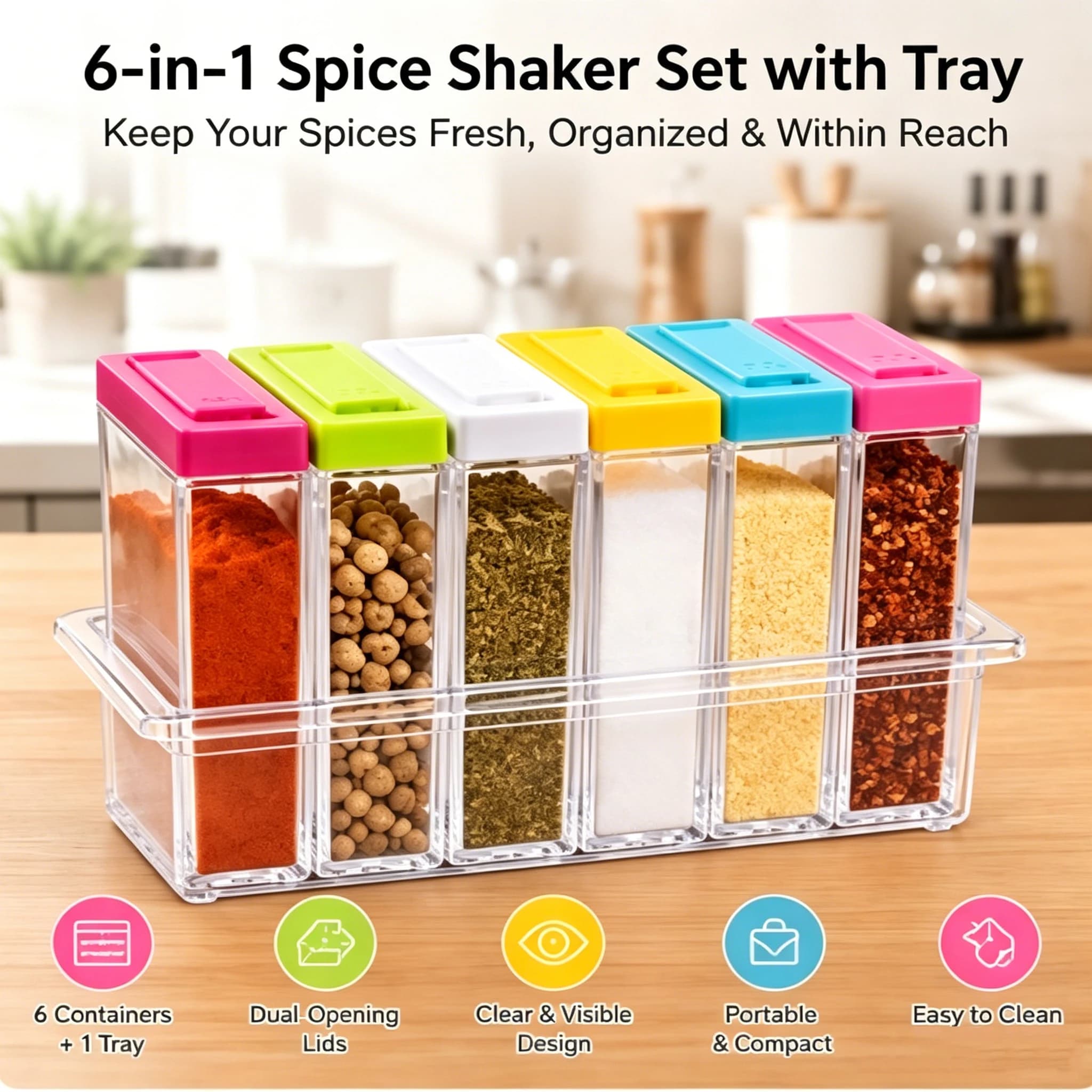 Set di 6 Contenitori per Spezie con Vassoio, Portatile, Trasparente, con Doppia Apertura per Conservazione in Cucina