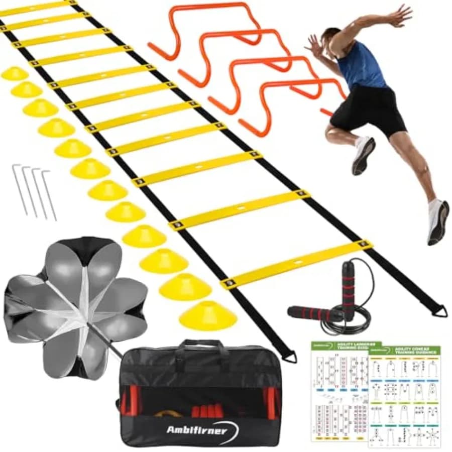 Set Attrezzatura per Allenamento Agility - Scala Agility 12 Gradini/6m, Ostacoli Velocità 4 Pezzi, 12 Coni Allenamento, Corda per Saltare, Paracadute per