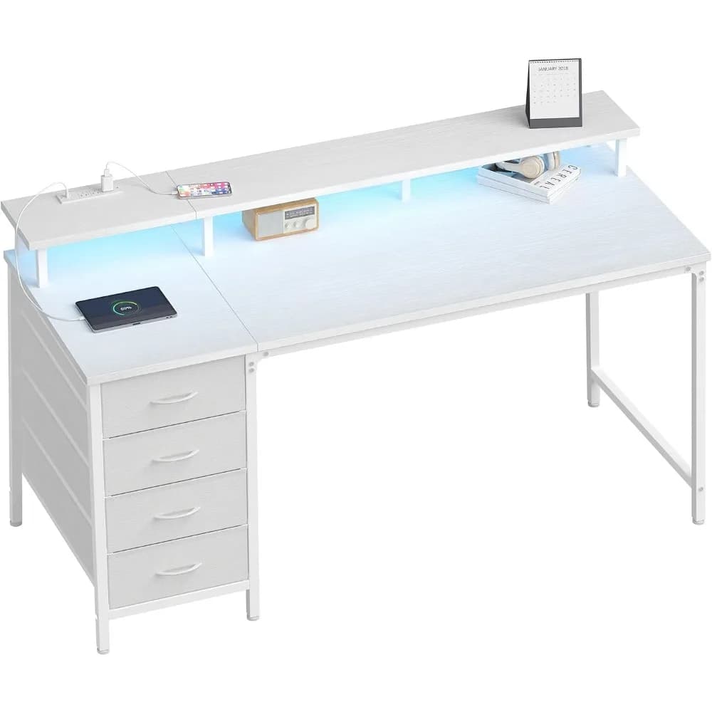 40-Inch Gaming Desk with Power Outlets, LED Lights, 4 Drawers | Desk for Home Office, Monitor Stand, Bedroom Study