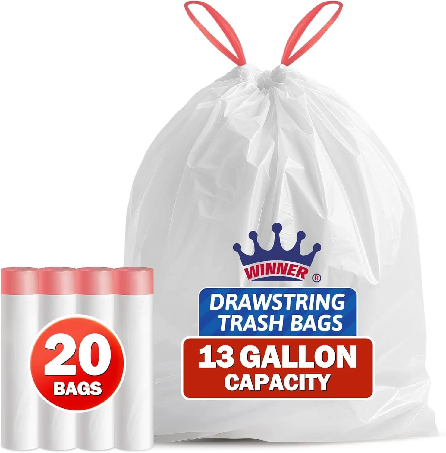 Trash Bags 13 Gallon, 20 Count Drawstring Tall Kitchen Garbage Bags, Unscented White Recycling Bags, Trash Can Wastebasket Bin L