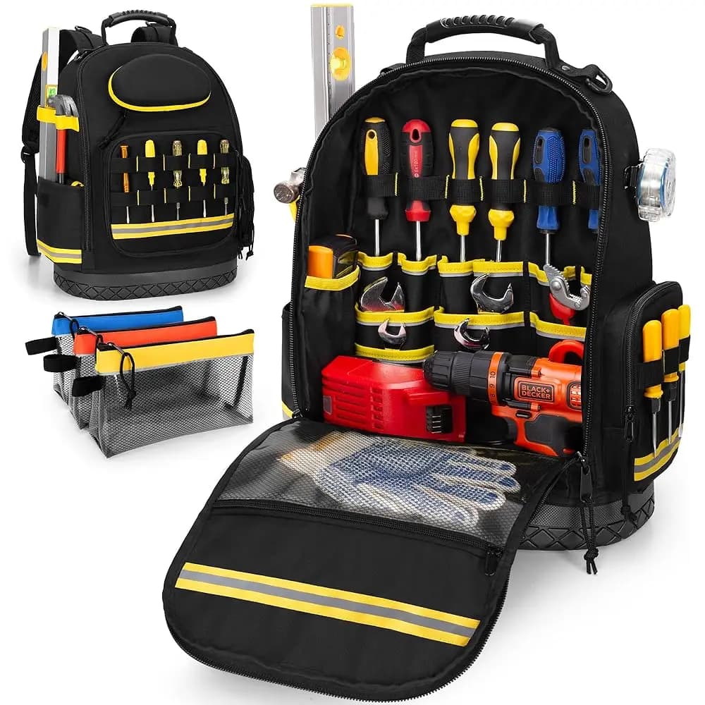 Zaino Porta Attrezzi con Fondo Rigido e 3 Tasche, Borsa Organizer Resistente per Elettricisti e Operai Edili, Nero