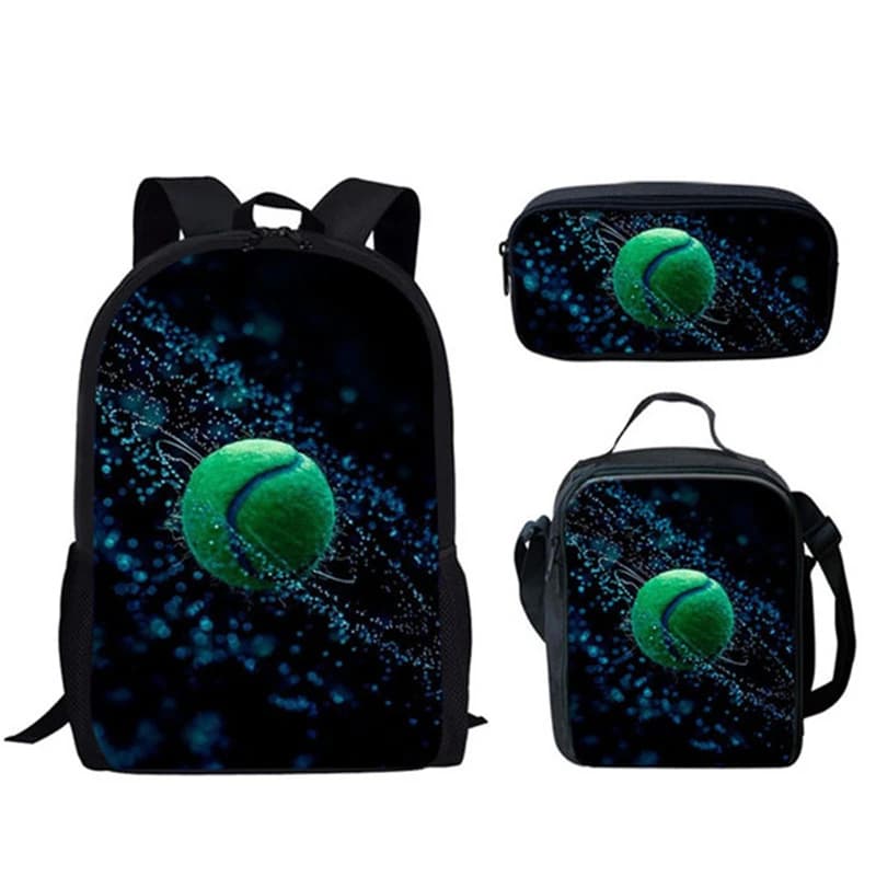 Hip Hop Popular Novelty Funny Tennis Ball 3D Print 3 pezzi/set Borse da scuola per studenti Zaino porta laptop Borsa per il pranzo Astuccio per matite