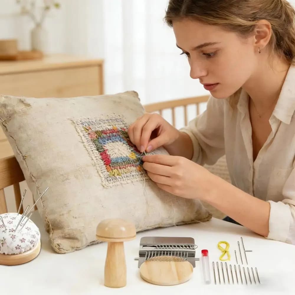 DIY Crafts Sock Darning Kit Egg/Mushroom Shaped Weaving Loom Darning Egg for Socks Portable Wooden Base Darning Mending Tool Kit