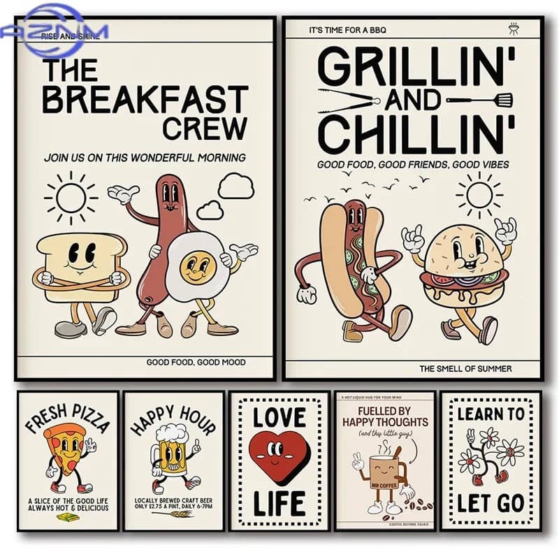 Retro Pop Kitchen Art Poster Cartoon Good Food Drink Love Life Friend Canvas Print Wall Art Home Toilet Coffee Beer Room Decor
