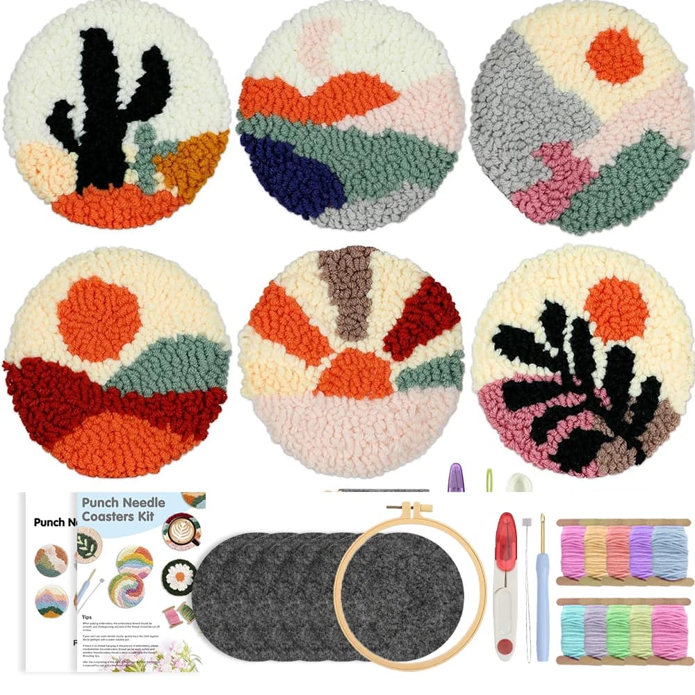6PCS Landscapes Punch Needle Coasters Kit Easy DIY Punch Needle Embroidery Kit for BeginnersTools, Yarns, Hoop, Instruction