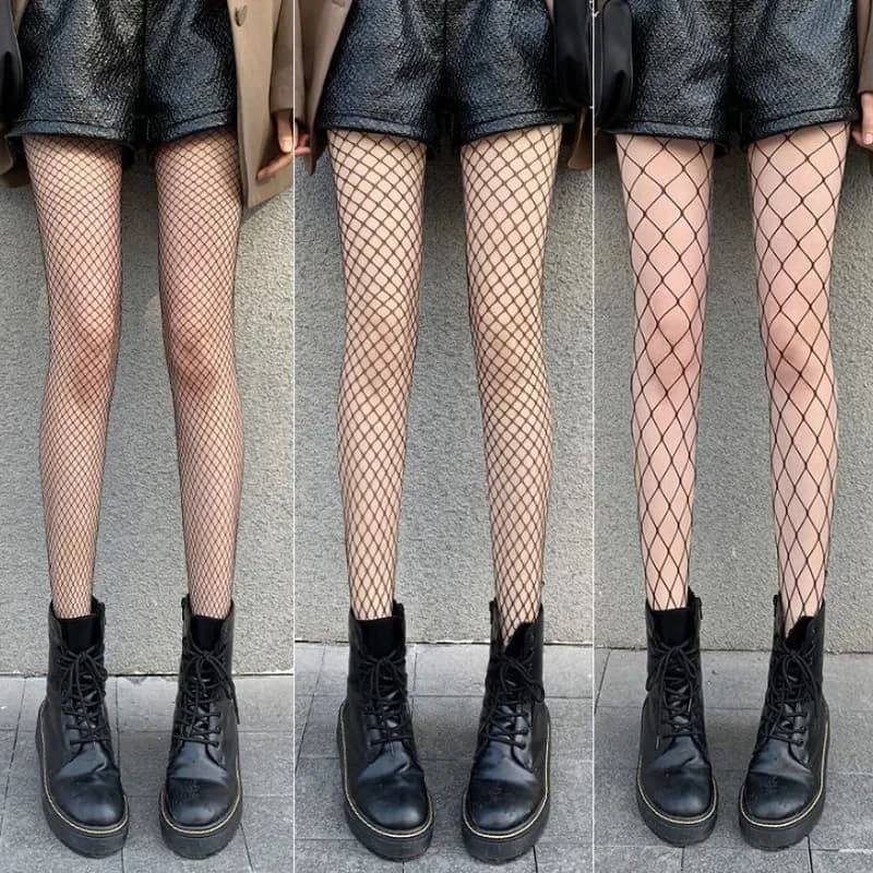 1/3 pz. Calze a rete estive Lolita, collant a rete in nylon, calze lunghe sexy traforate, calze a rete nere