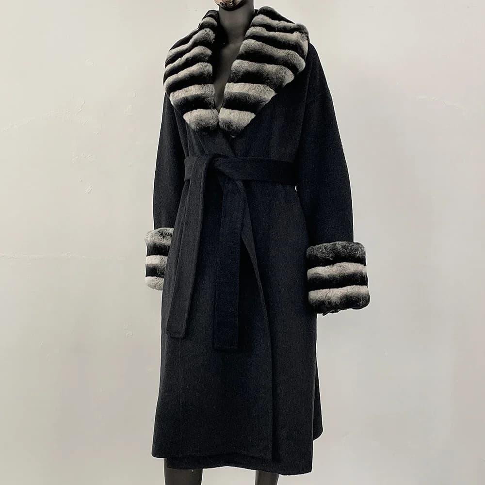 Vera pelliccia di coniglio Rex Cappotto di lana Donna Elegante giacca lunga di lana Polsini Cappotto di lana misto lana femminile Primavera Autunno Collo di vera pelliccia