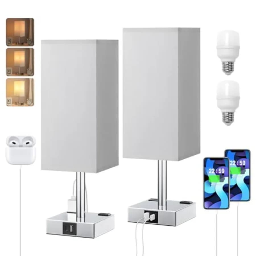 Set di 2 Lampade da Comodino Touch - Lampada Notturna Dimmerabile a 3 Vie con Porte di Ricarica USB A + Type C e Due Prese AC - Piccola Lampada da Scrivania
