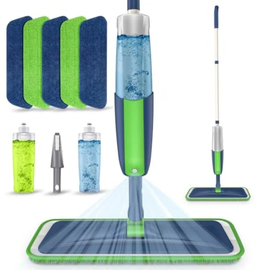 Mop Spray per Pulizia Pavimenti in Legno con 5 Panni Lavabili e 2 Bottiglie Ricaricabili - Mop Asciutto per Casa e Ufficio
