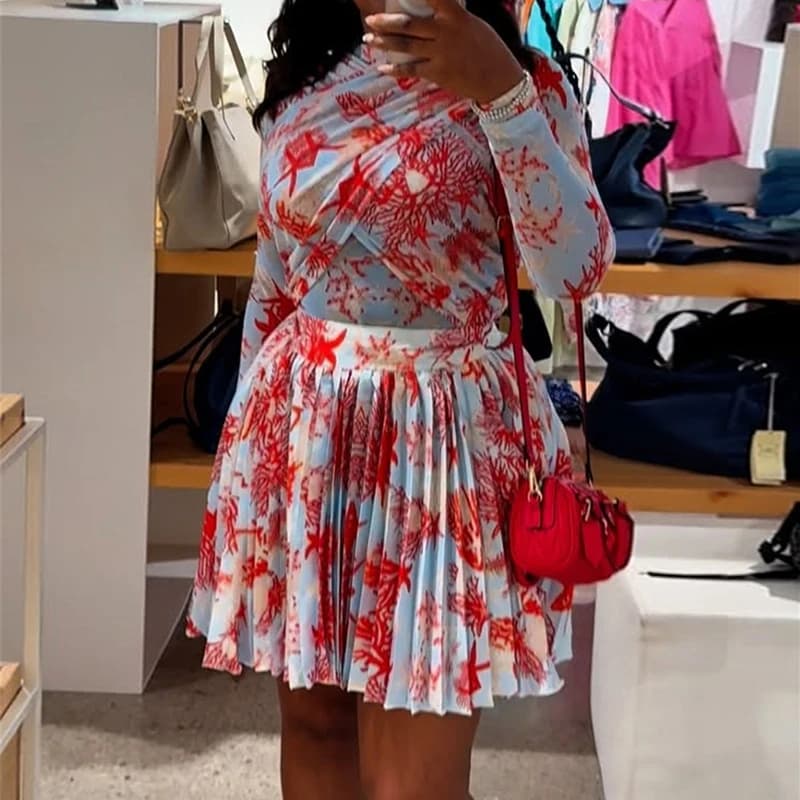 Nuovo set di abiti da donna alla moda africana con stampa a foglie, manica lunga, scollo a O, abito a pieghe sul davanti, abiti da festa di compleanno