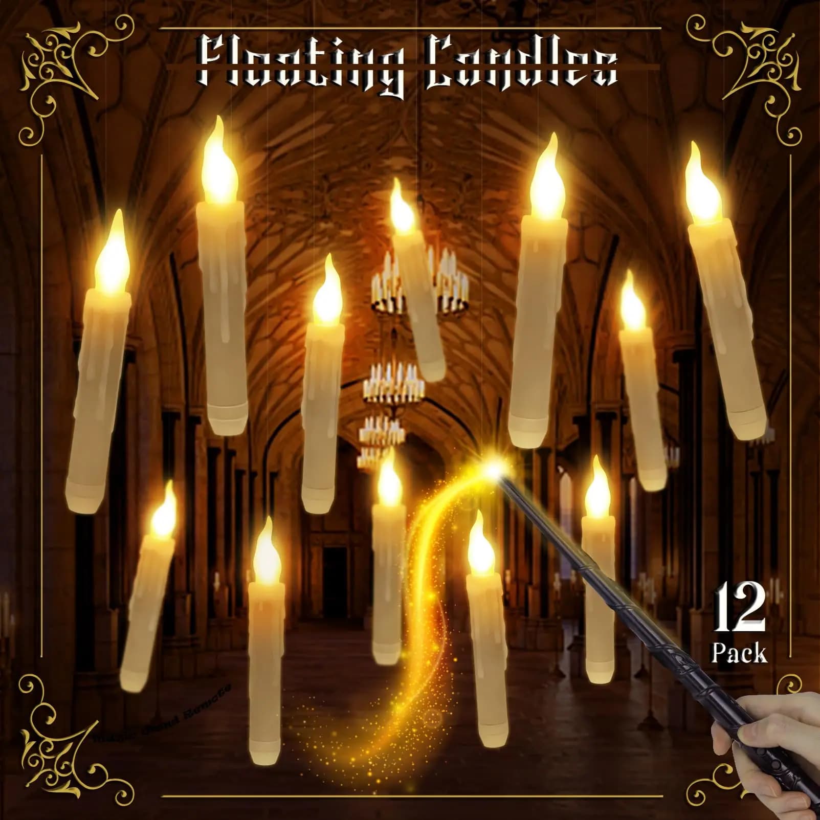 12 magic floating candles with remote wand without flame LED hanging candle threshing for Halloween Christmas room ceiling decoration