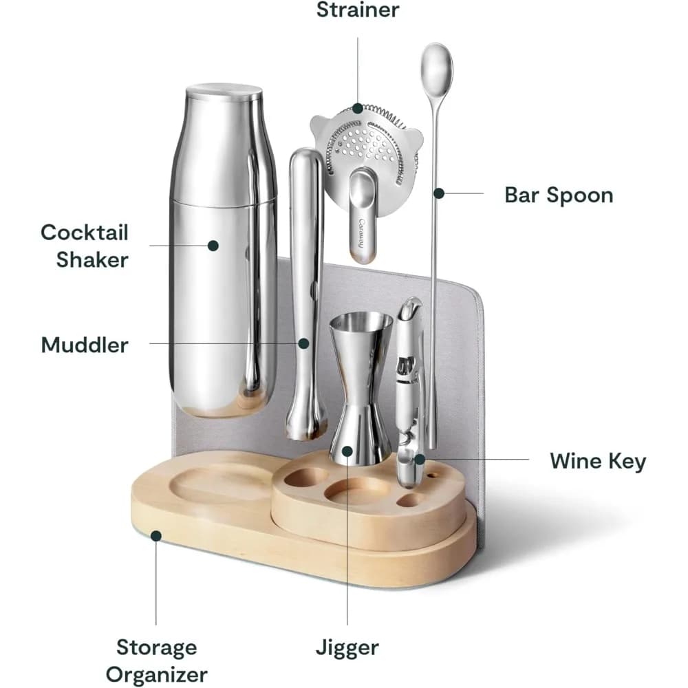 Set Completo da Bar 9 Pezzi con Spedizione USA: Shaker per Cocktail, Jigger, Pestello, Cavatappi, Colino, Cucchiaio da Bar, Organizzatore Magnetico