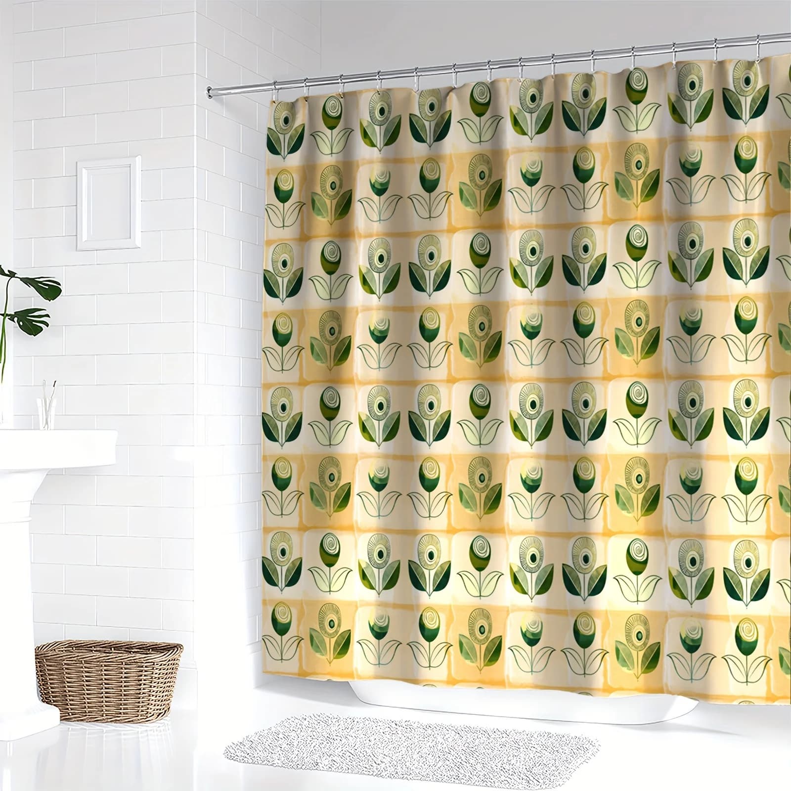 Tenda da doccia floreale con foglie verdi, stampa digitale, poliestere reversibile, lavabile in lavatrice, arredamento per la casa e il bagno per tutte le stagioni