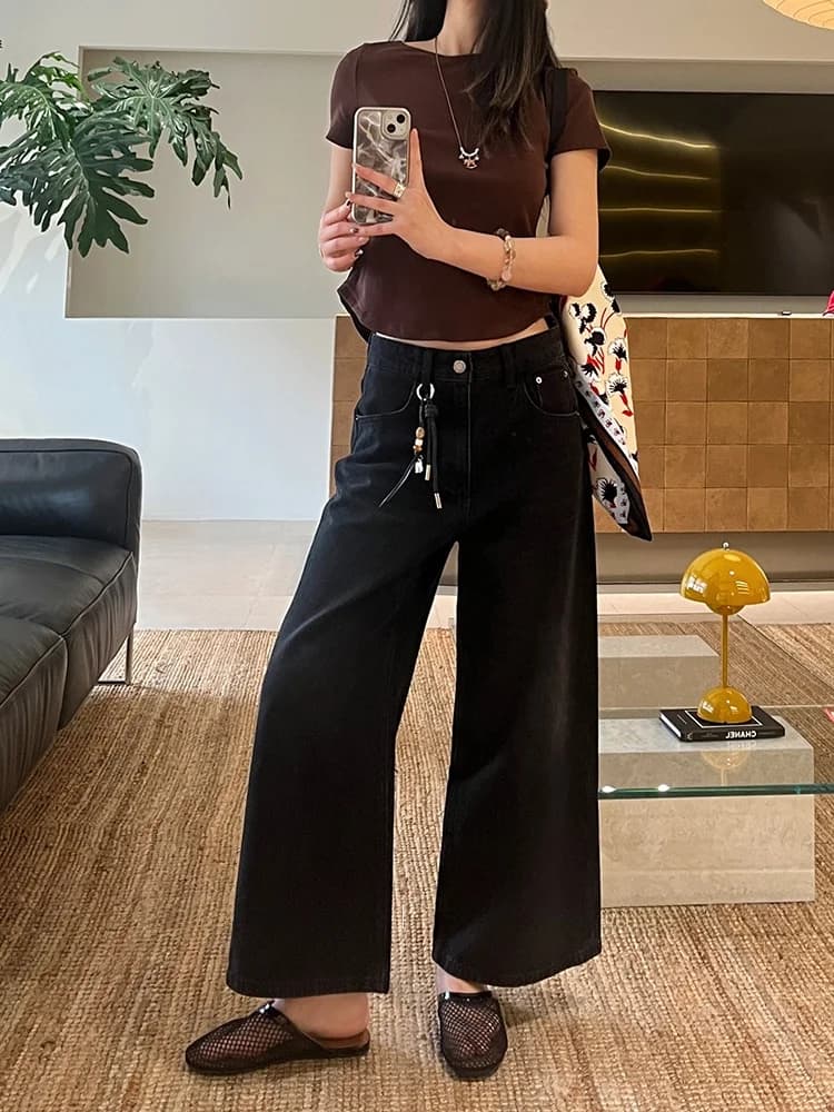High Waist Straight Leg Denim Jeans Women's Spring 2026 New Style Black Grey Wide Leg Pants No Stretch Slimming Nine-Piece