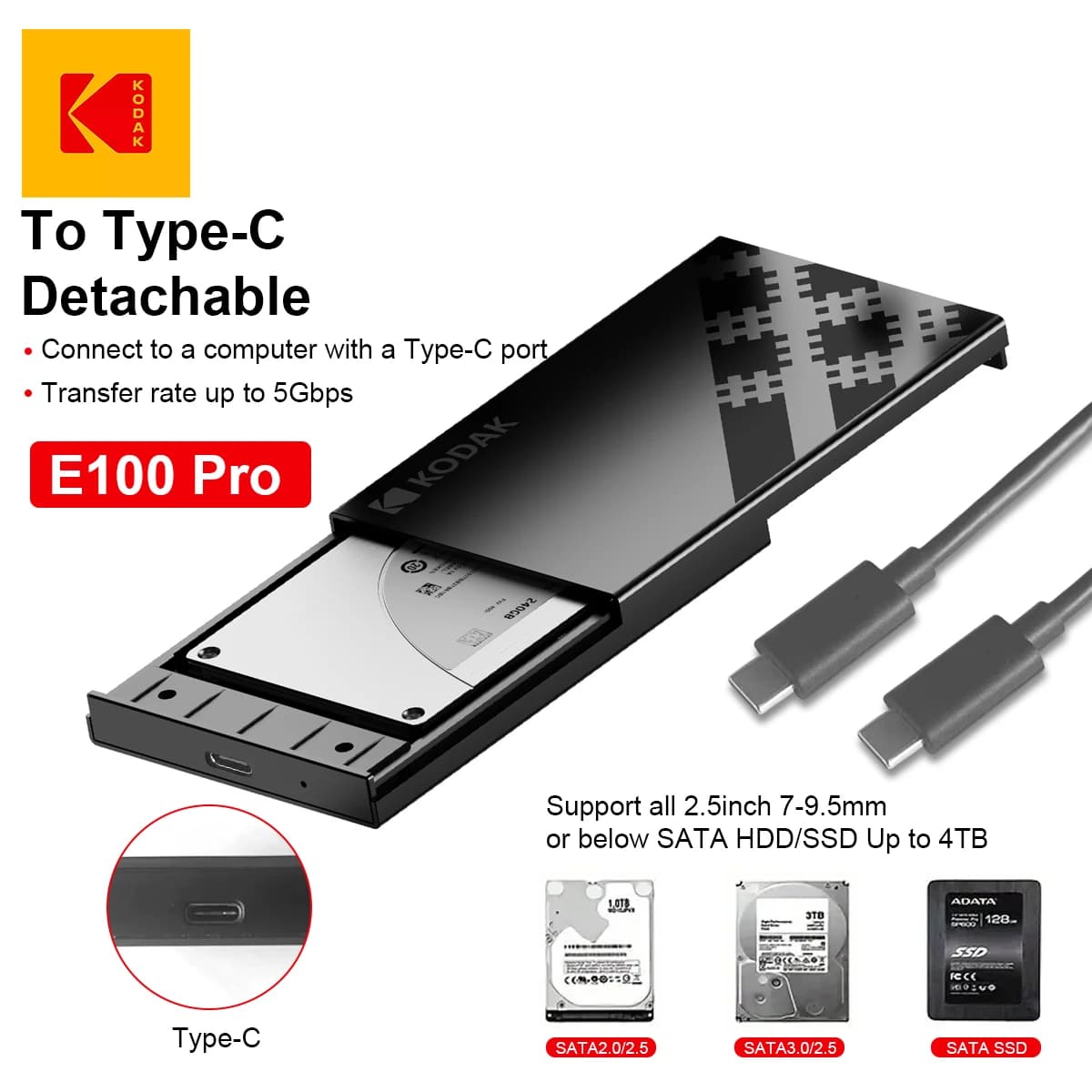 Kodak E100Pro Ssd/Hdd da 2,5 pollici Scatola esterna-Adattatore/Adattatore USB 3.0 a Sata Iii Supporta la trasmissione dati Uasp/5Gbps, Nessuna installazione dello strumento richiesta, Guscio in ABS, Conversione del disco rigido, Dedicato per le persone