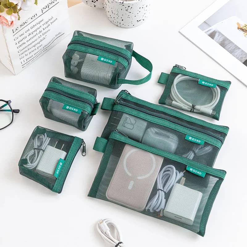 6pcs Transparent mesh storage bag data cable digital bag coin purse Card key bus card headphone bag Charging head bag
