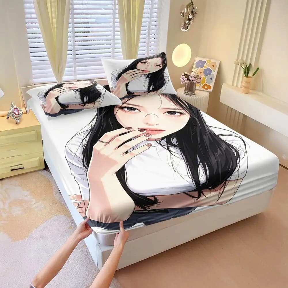 Minimal Line Cartoon Print Fitted Sheet Set Bed Sheet Set Bedding Set No Fillers Simple Modern Family Bedroom Bedding