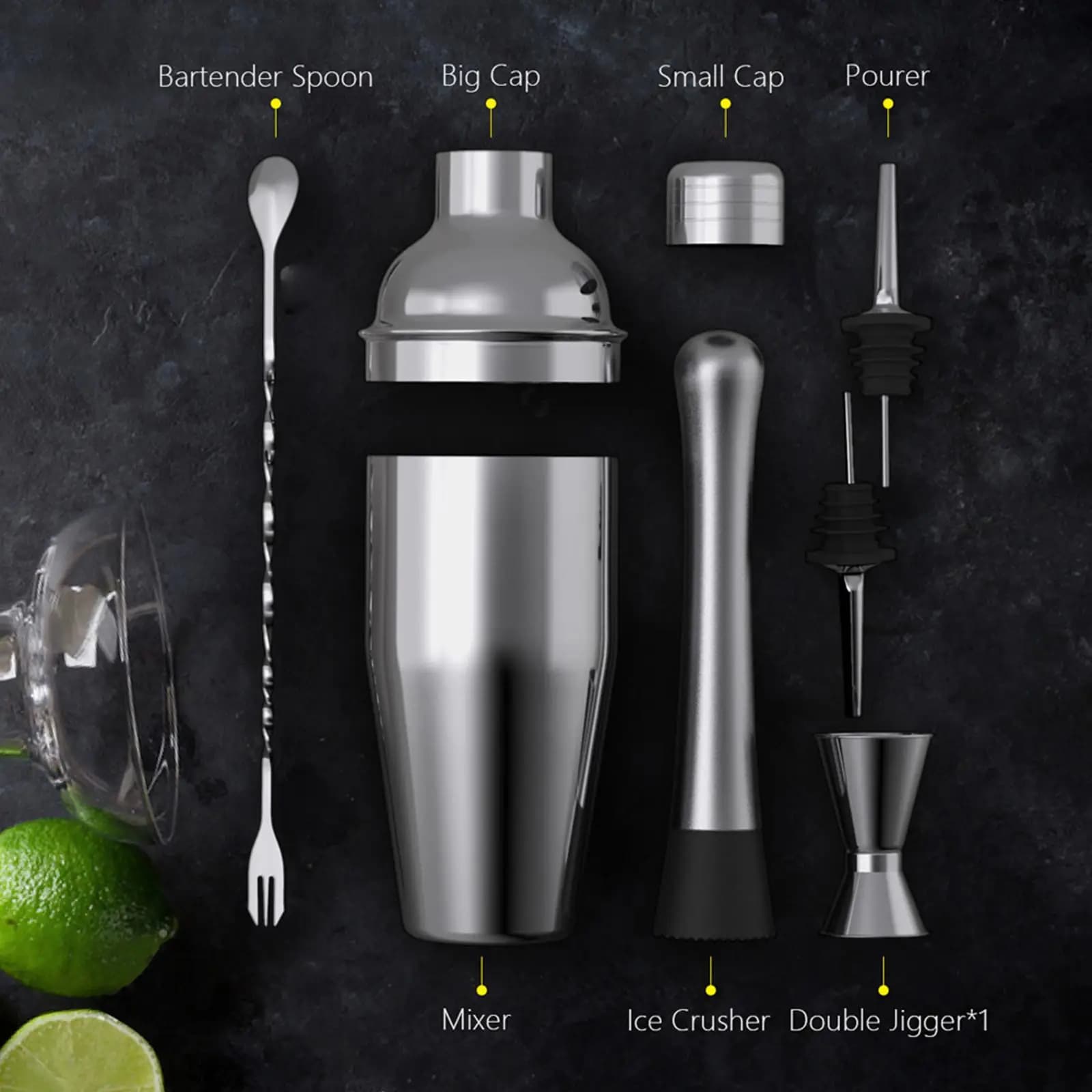 Kit per la creazione di bevande con shaker per cocktail in acciaio inossidabile, tazza da once, artigianato, lunghezza versatore, miscelatore per bevande per feste in pub, cocktail