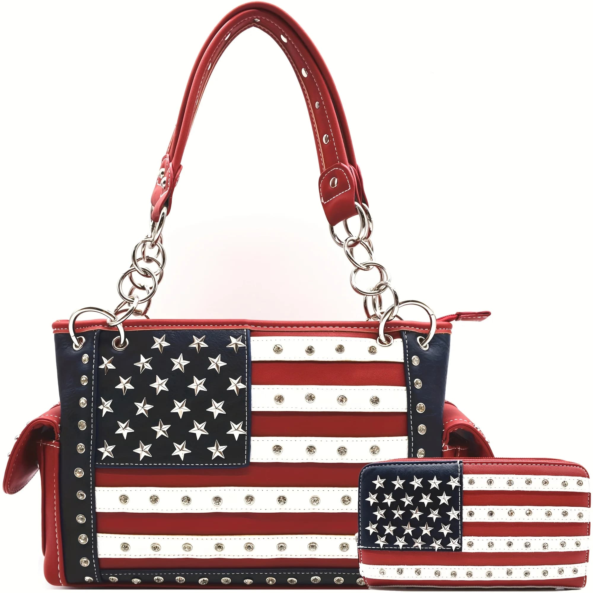Borsa a tracolla da donna in similpelle con bandiera americana, stelle e strisce, strass, set portafoglio, rosso, bianco e blu