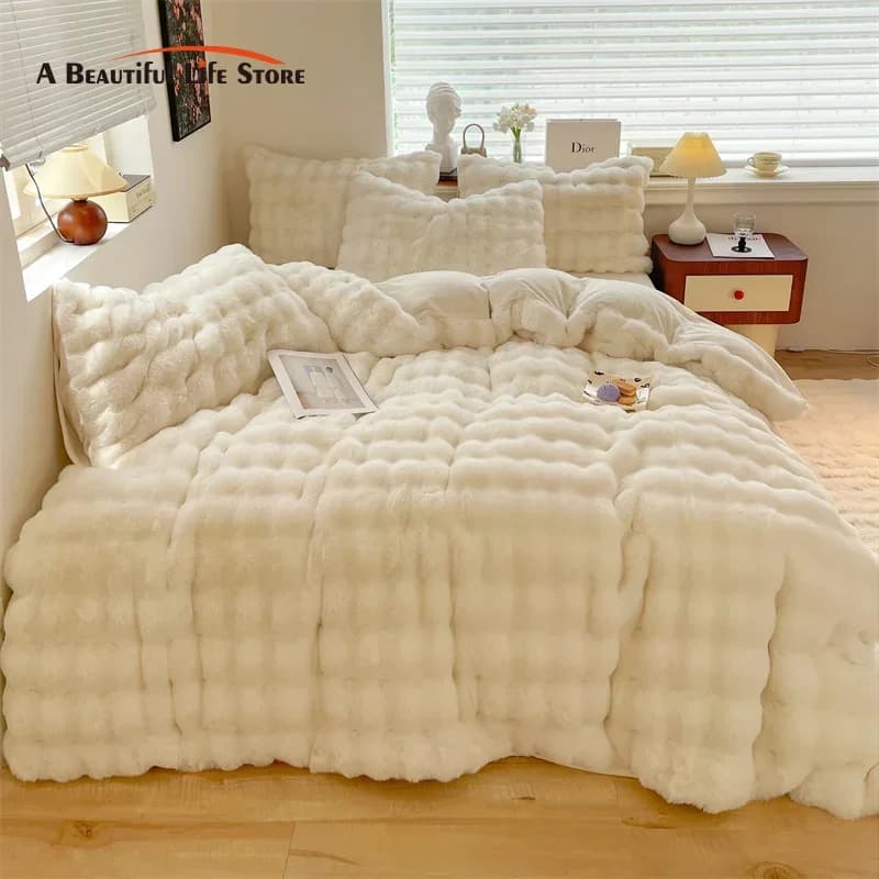 Lusso finta pelliccia di coniglio velluto pile peluche morbido caldo Set di biancheria da letto Set copripiumino Super confortevole coperta lenzuolo federe