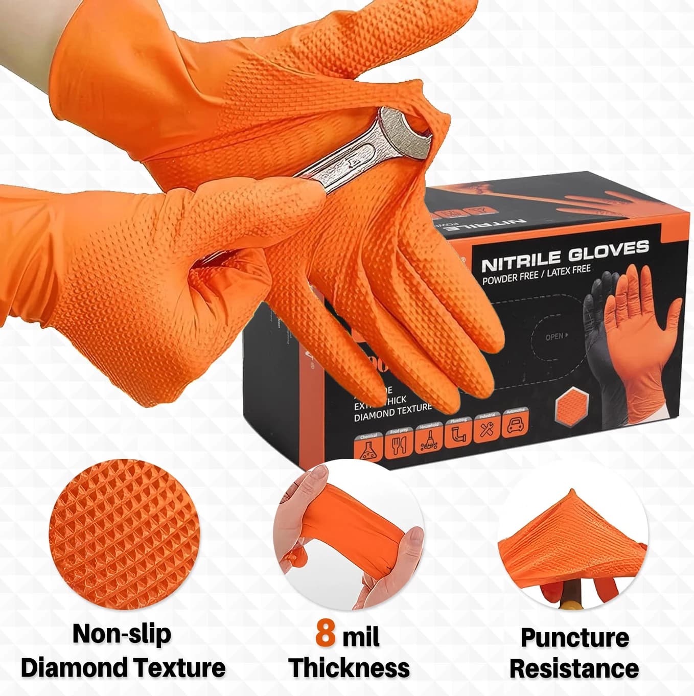 Guanti in Nitrile Arancioni Resistenti 8mil, Guanti Monouso Resistenti con Texture a Diamante Senza Lattice per Meccanici, Tatuatori e Settore Automobilistico
