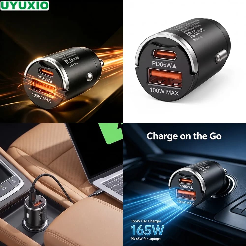 165W Dual Output Car Charger PD 65W Type C and 100W USB A Power for Road Trips and Daily Driving Durable Zinc Alloy Mini Body