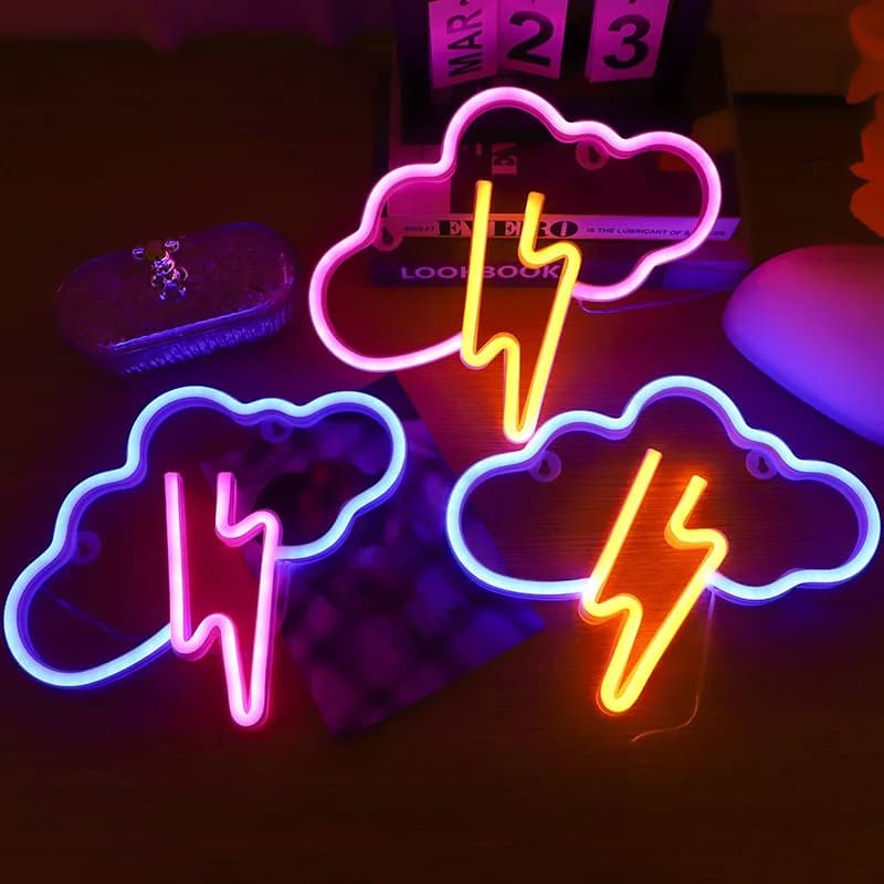 LED neon teaching with lightning, clouds, night light, battery/USB operation, for home bar gift decoration, children's room birthday party