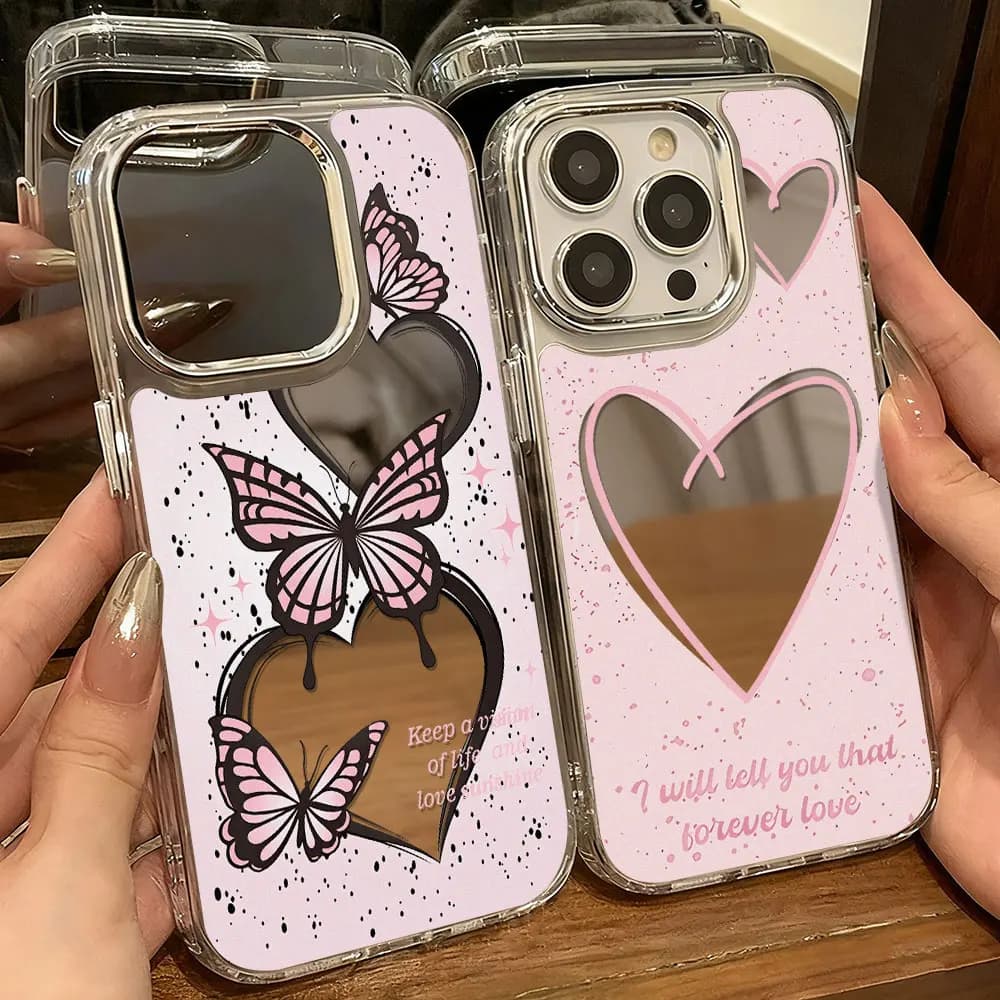 Custodia Lusso con Specchio per Trucco e Cuore per iPhone 17 Pro Max, Air 16, 13, 11, 15, 14, 12, 16 Pro Max, 17 Pro Max, 15 Pro Max