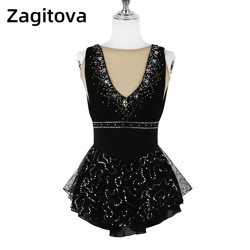 Zagitova Abito da pattinaggio di figura Donna Ragazza Gonna da pattinaggio su ghiaccio Concorso di prestazioni Gonna a rete Costume Glitter Scollo a V