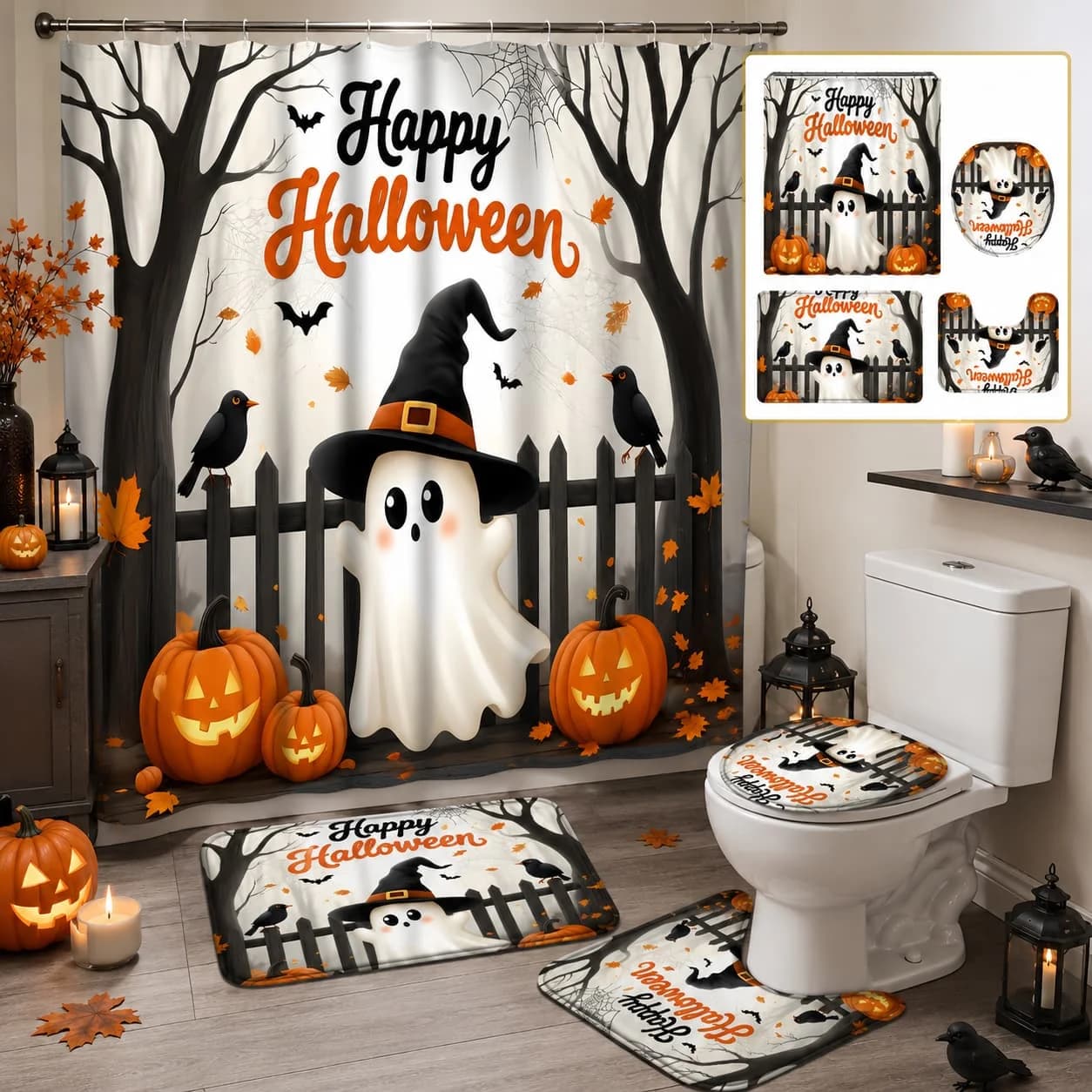 4pcs Halloween-Themed Shower Curtain Set Featuring Adorable Ghost Designs, Complete with Spooky Cartoon Ghosts, Bats, Pumpkins, And a Crow.This Fabric Shower Curtain Comes with a And 12 Hooks, Perfect for Bathroom Decor And Additions