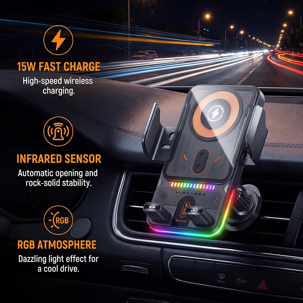 Supporto per Telefono da Auto Universale 15W con Apertura e Chiusura Elettrica Rotante, Caricatore Wireless a Doppia Bobina per Smartphone, Ricarica Rapida