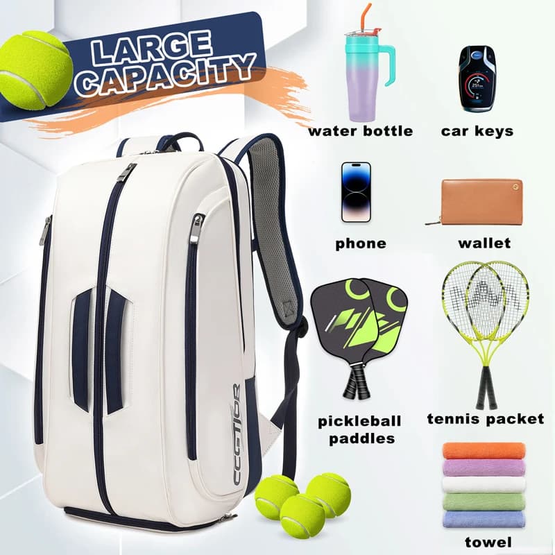 Waterproof PU Backpack for Tennis Rackets, Pickleball and Padel, with Wide Shoe Cover, Sport Bag for Squash and Badminton Rackets