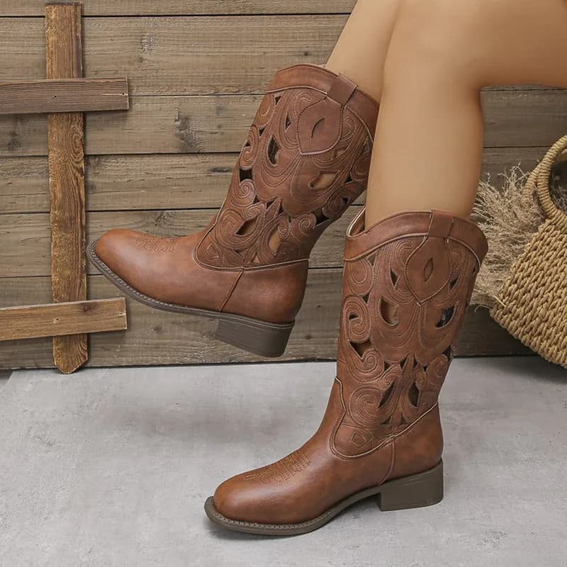 Stivali western vintage ricamati cavi di lusso Donna Autunno Tacchi grossi Stivali da cowboy alti al ginocchio Stivaletti da cavaliere in pelle PU da donna
