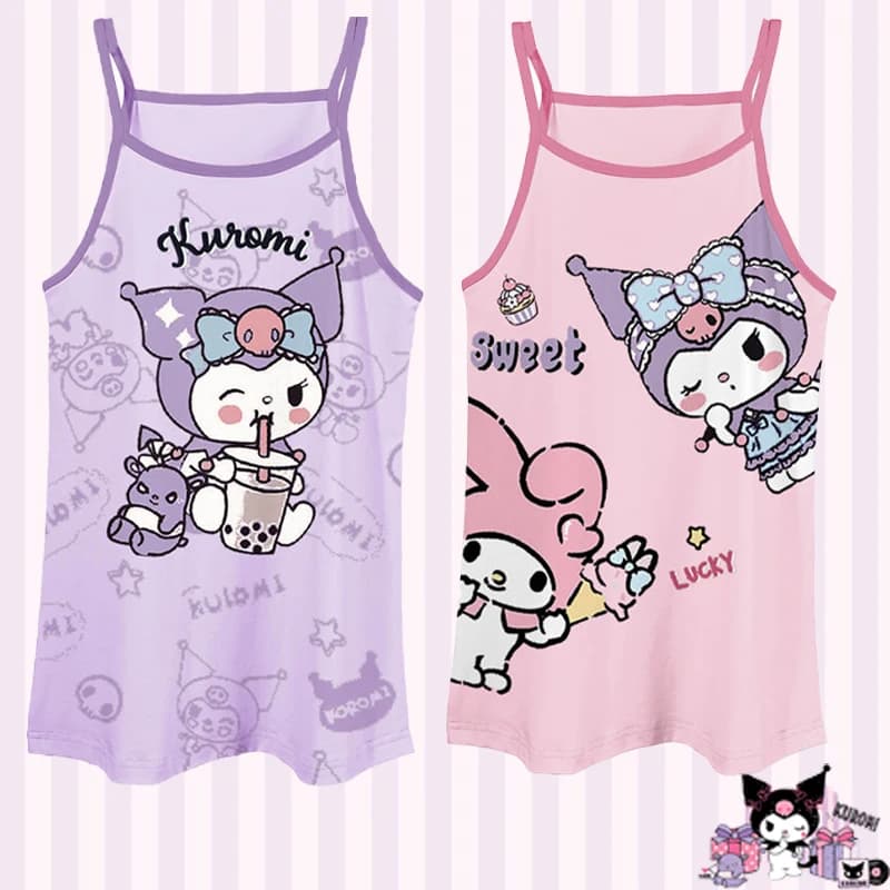 Pigiama in Seta Ghiaccio con Kuromi e My Melody, Camicia da Notte con Spalline, Abbigliamento Estivo per Bambine Sanrio, Regalo Kawaii per Ragazze