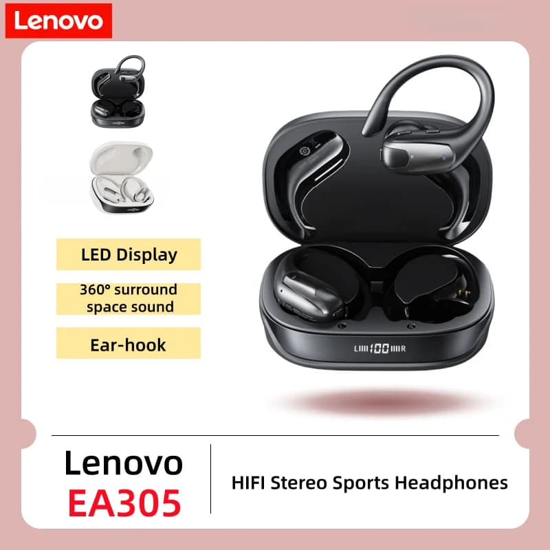 Auricolari Wireless Bluetooth OWS Lenovo EA305 con Driver da 14.2mm, Display Digitale LED, Audio Panoramico, Cuffie Open-Ear con Gancio per Orecchio