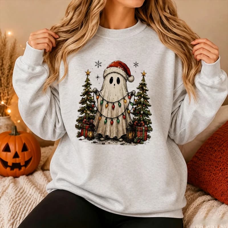 Christmas Ghost Santa Hat Holding Xmas String Lights Snowy Pine Tree Gift Box Vintage Print Long Sleeve Pullover Casual Tops
