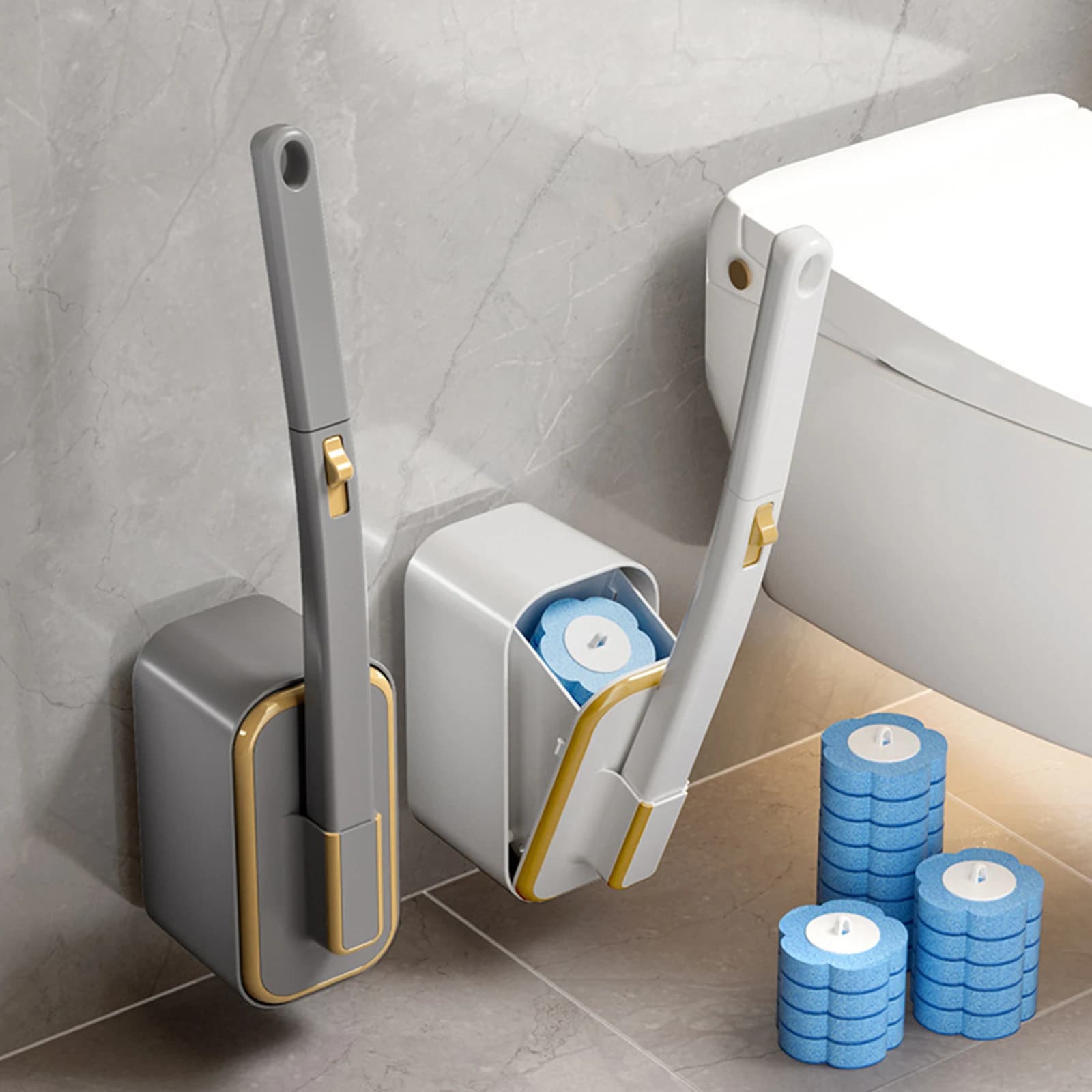 Scopino per WC da Parete con 36 Testine di Ricambio e Supporto, Pulitore per WC ad Asciugatura Rapida, Accessori Bagno