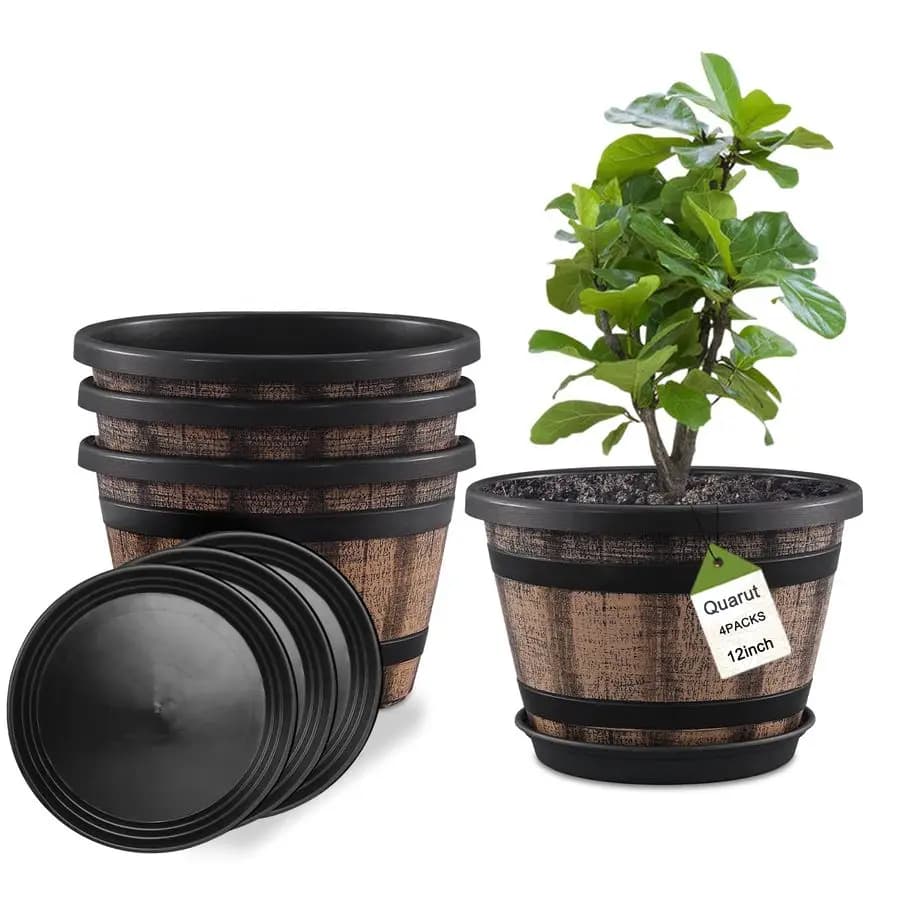 Set di 4 vasi da 12 pollici, grandi fioriere a forma di barile di whisky con fori di drenaggio e sottovaso. Vasi da fiori in plastica effetto vino.