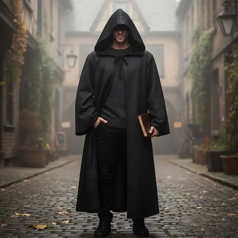 Mantello da Costume di Halloween per Uomo, Lungo con Cappuccio, Costume da Cavaliere per Spettacoli Teatrali, Abito da Mago Medievale per Cosplay