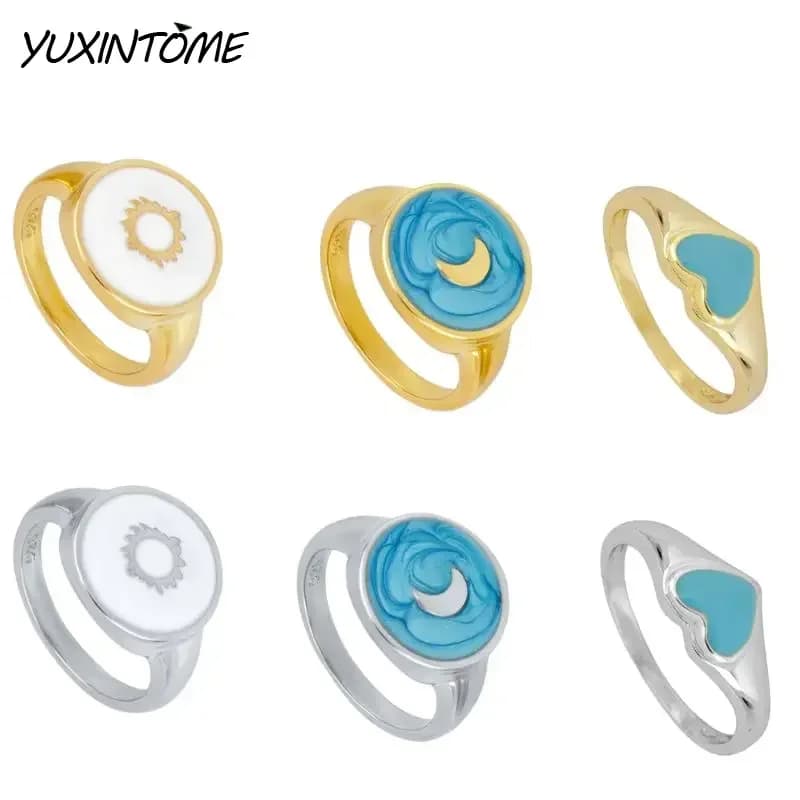 Cute Gold-Plated Silver Colorful Heart/Moon/Sun Enamel Rings 3 Sizes Rings For Women Fashion Light Luxury Wedding Jewelry Girl